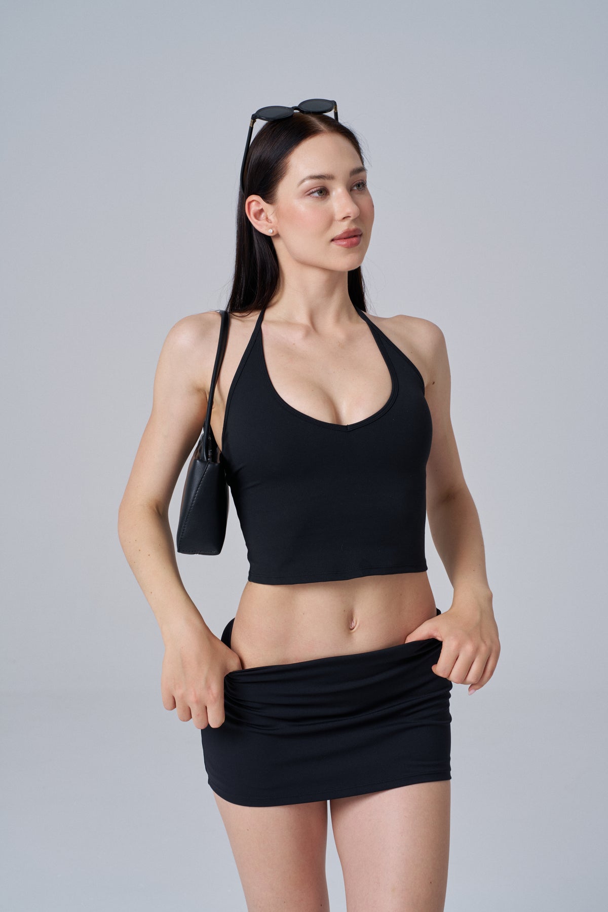 V Neck Plunge Halter Top | Black