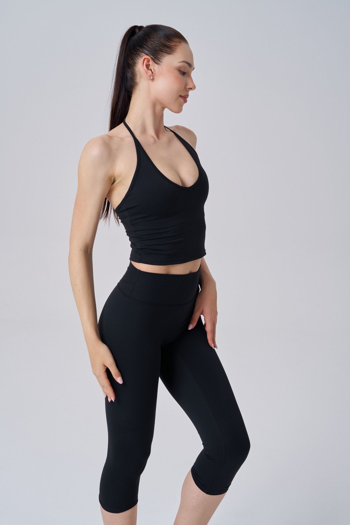 V Neck Plunge Halter Top | Black